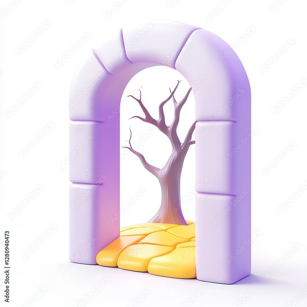 Poster a 3d-rendered archway with a minimalist design and a barren tree, symbolizing transformation and emp