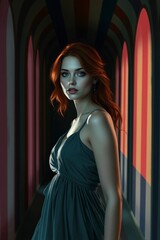 A woman with auburn hair and fair skin in a flowing dress