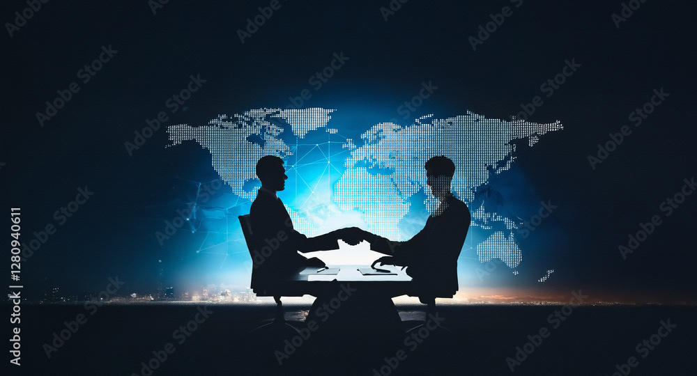 Aufkleber two silhouetted figures engage in a handshake before a world map backdrop, symbolizing a global busi