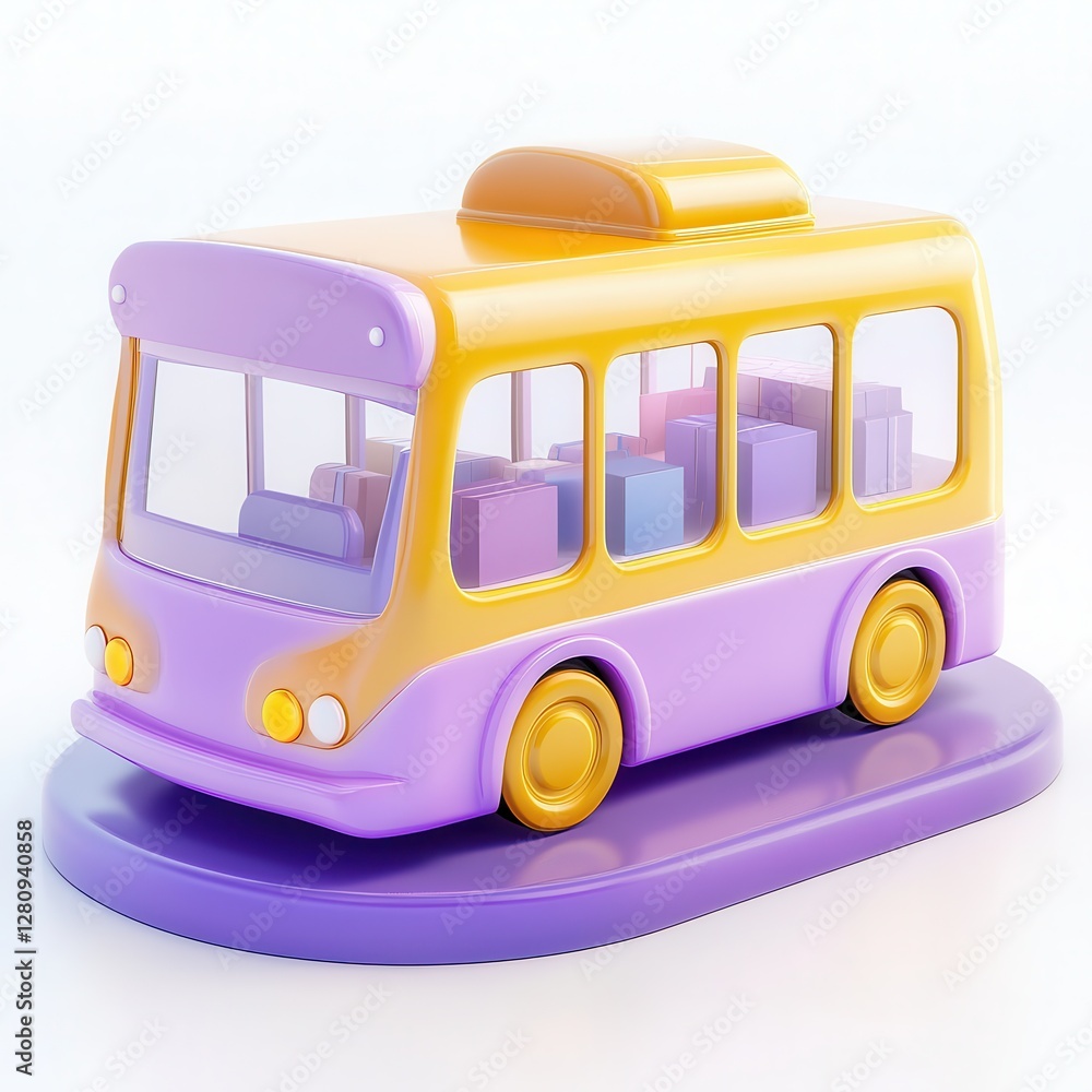 Poster a colorful 3d model of a toy bus with a rounded design and vibrant colors, placed on a smooth surfac