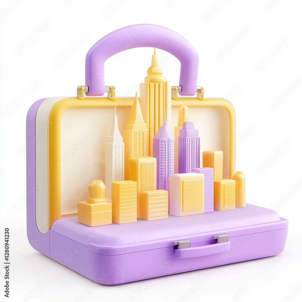 Poster a colorful suitcase with a 3d city skyline emerging from it, combining playful design and architectu