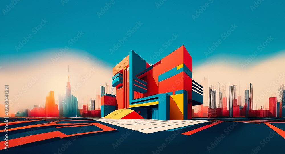 Leinwandbilder a vibrant geometric building with bold colors stands against a blurred city skyline and clear blue s