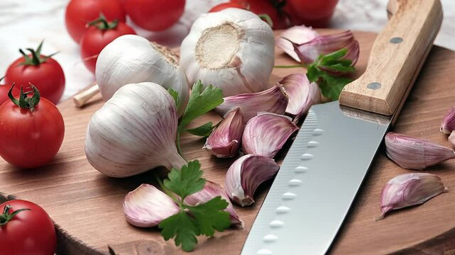 cloves of Italian red garlic on wooden cutting board - close-up