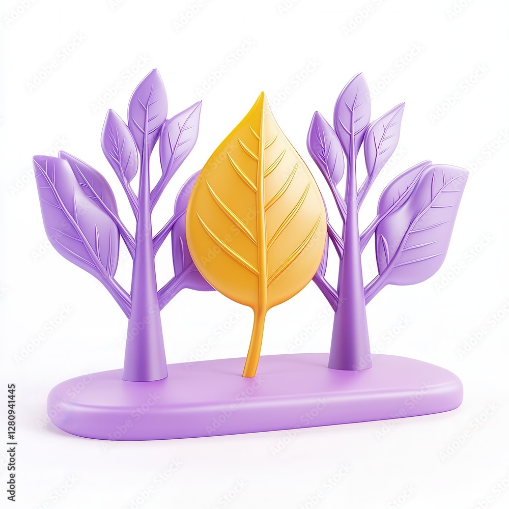 Poster a colorful 3d rendering of stylized trees and a vibrant leaf, displaying an artistic interpretation 
