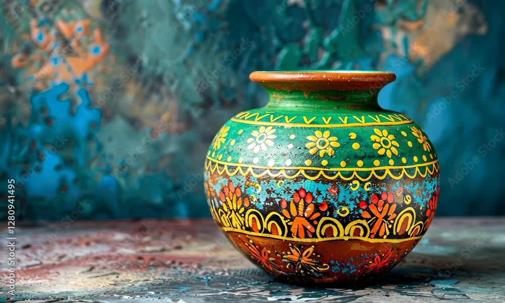 Poster Hand-painted colorful clay pot with intricate patterns on textured surface