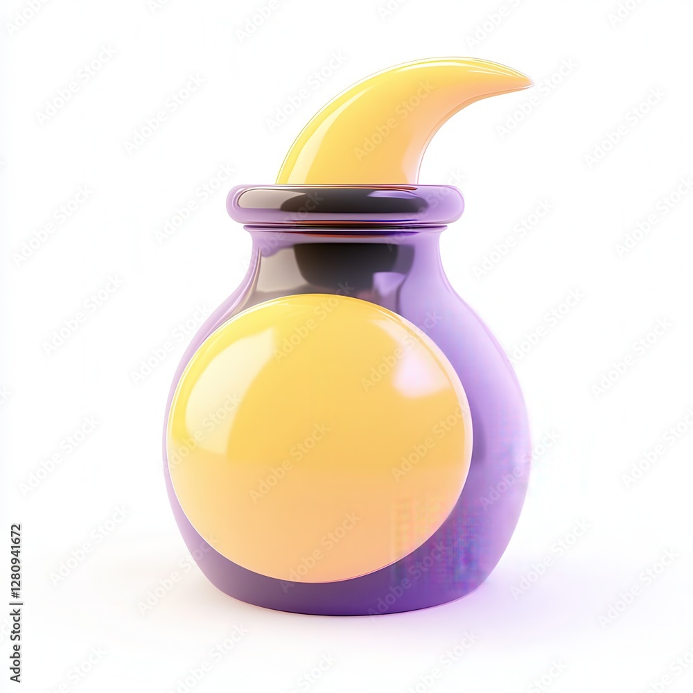 Poster a stylized 3d rendering of a colorful bottle with a yellow and purple design, featuring a unique cur