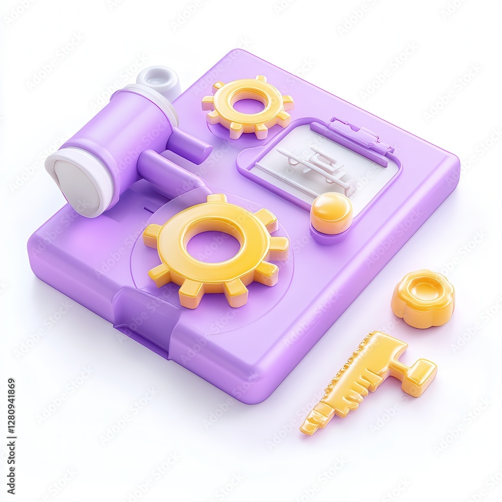 Poster a colorful 3d model of a tool kit featuring gears and a wrench, showcasing a playful design and vibr