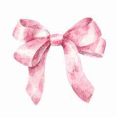 Pink tied bow. Vector pink ribbon decoration, hair accessories in watercolor style. Hand-drawn silk bow on white background. 
