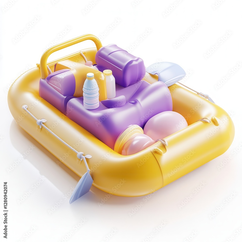 Aufkleber a colorful inflatable raft filled with various containers and an oar, depicted in a vibrant 3d style
