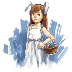 set of artistic illustration of little girl wearing a white dress and a headband with bunny ears, holding a basket filled with colorful eggs, easter egg hunt concept, digital art painting,
