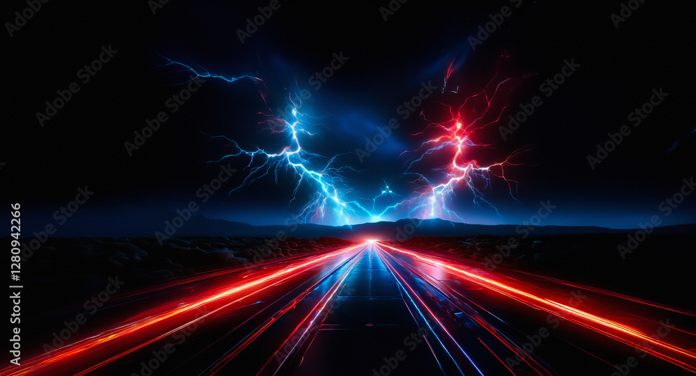 Aufkleber Vibrant streaks of red and blue light converge in the dark with flashes of lightning in the background creating an abstract scene of energy.
