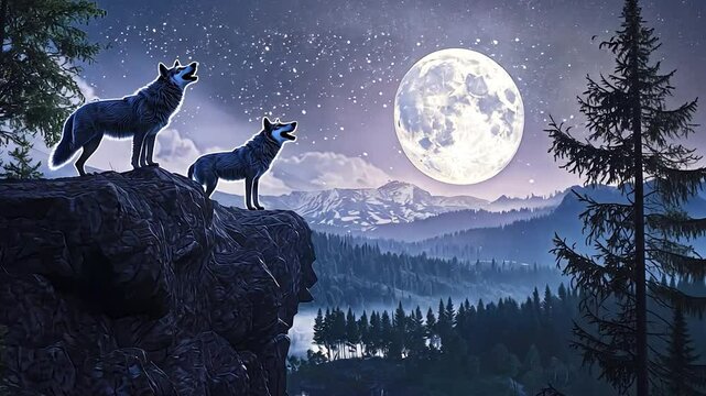 Two wolves howling at the moon on a cliff overlooking a serene lake and mountains under a starry night sky.