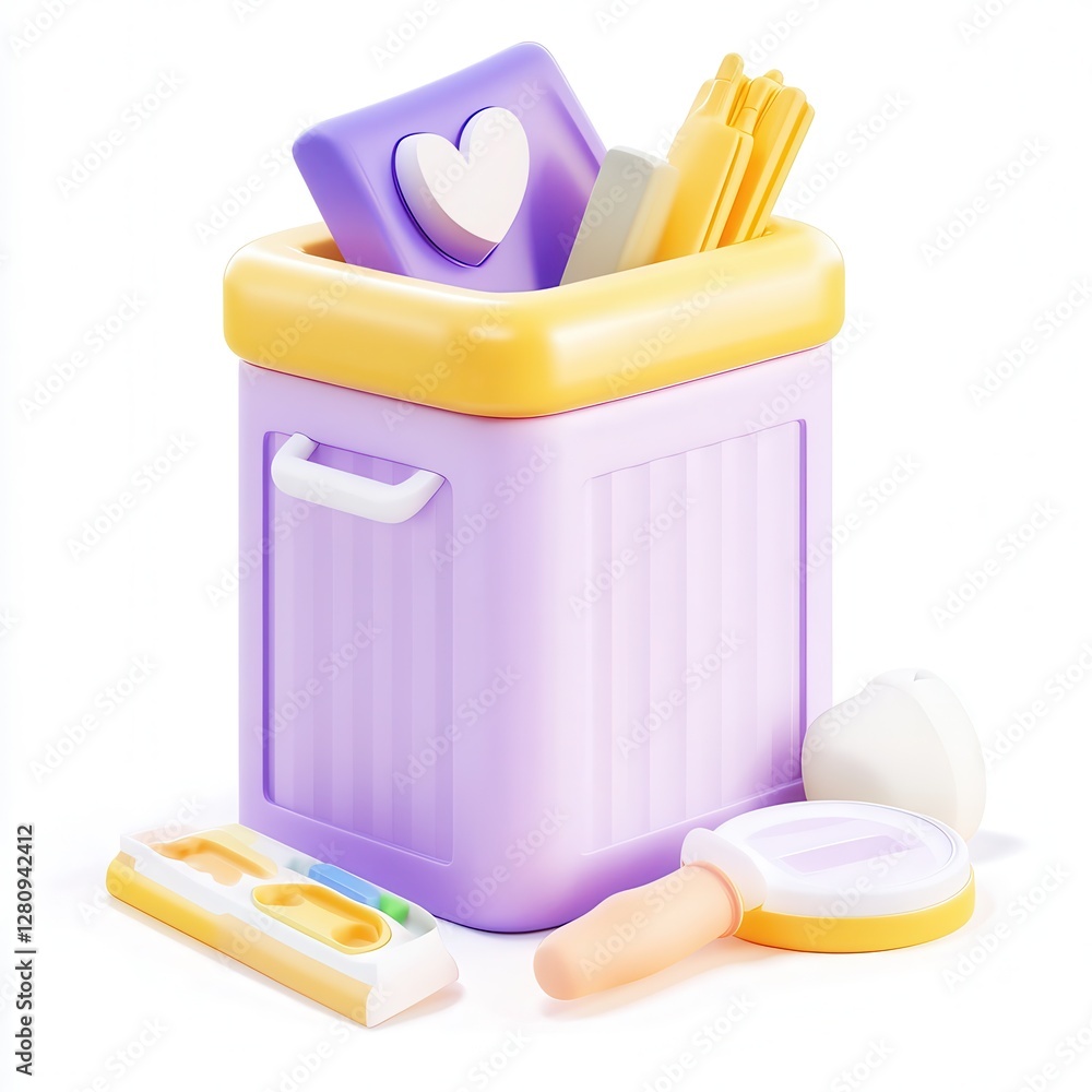 Poster a colorful toy container with various utensils and a heart-shaped item on top, designed for playful 