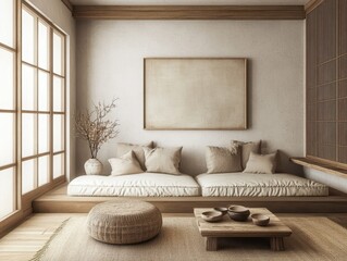 A minimalist zen interior with tatami platform and furniture