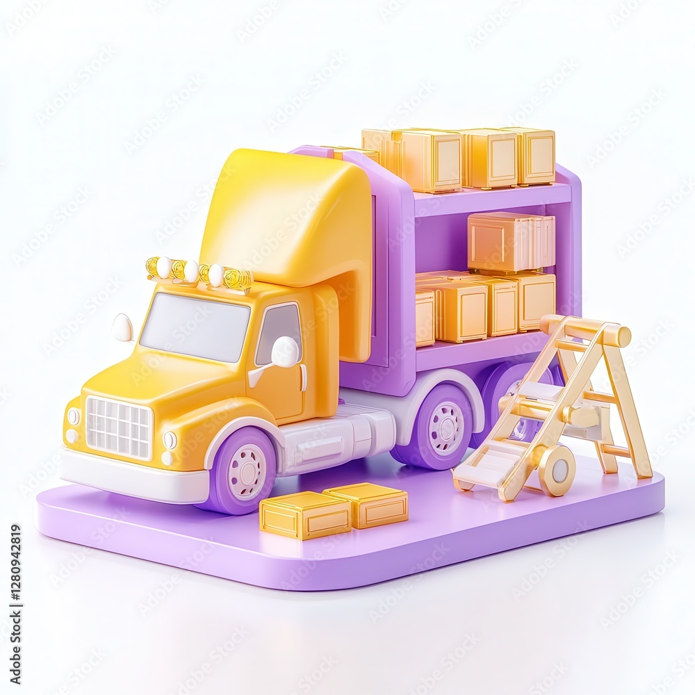 Poster a colorful 3d model of a delivery truck with boxes stacked on it, alongside a ladder for unloading.