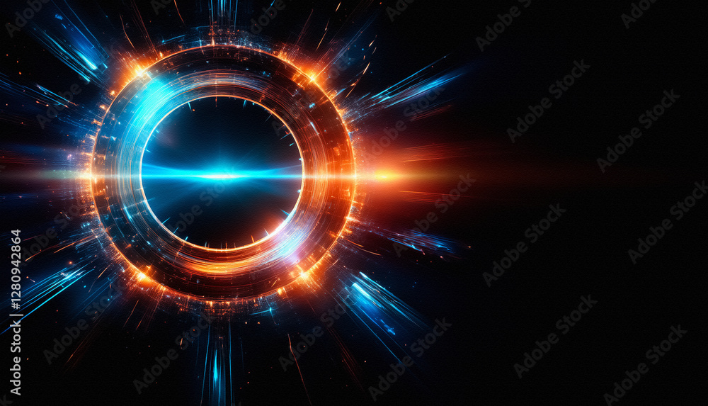 Aufkleber a vibrant circular portal glows with blue and orange light effects against a dark background, creati