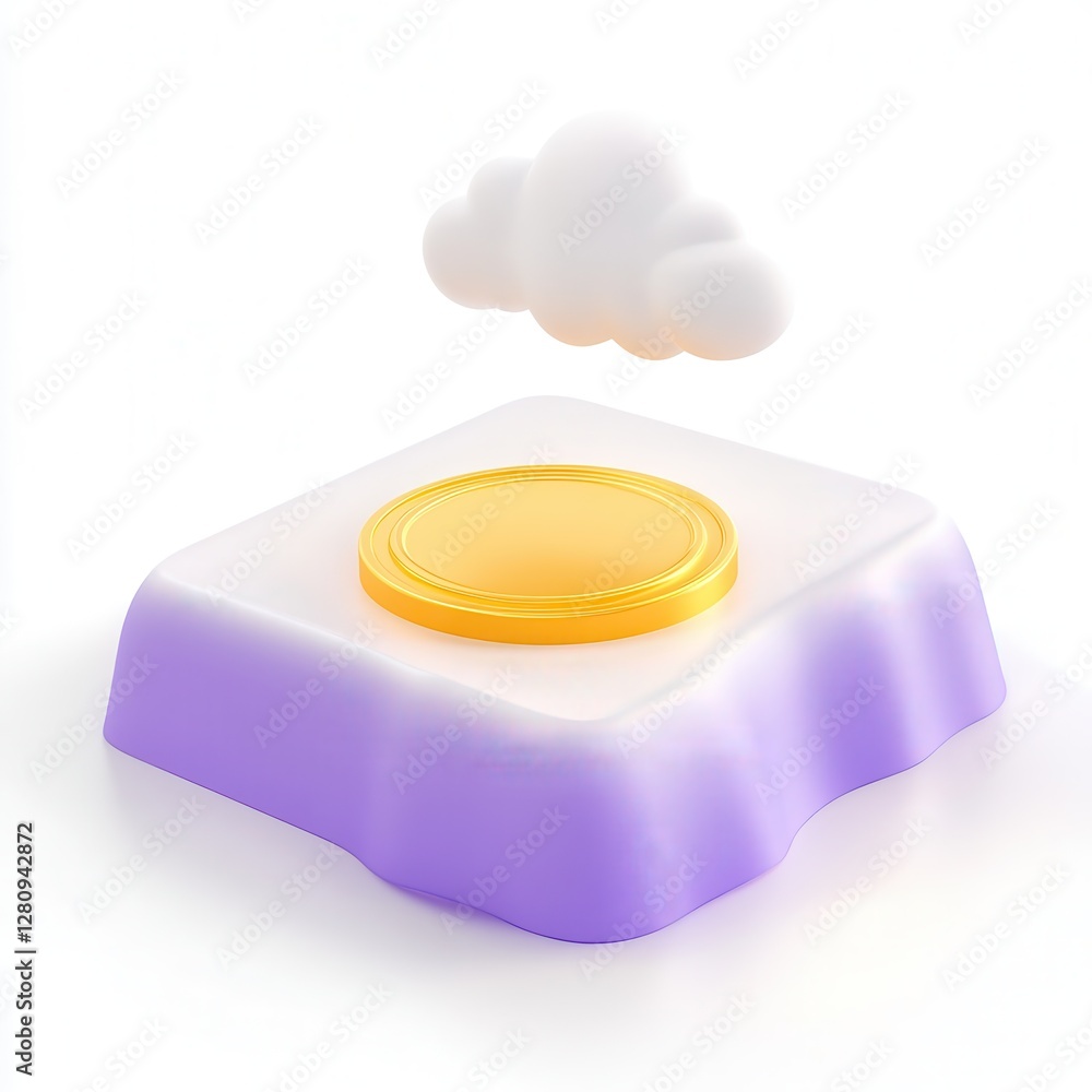 Poster a stylized 3d object with a golden circular shape on a purple base, accompanied by a white cloud flo