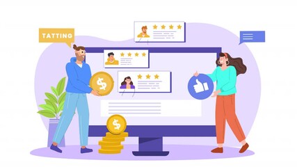 Vector character scene animation depicting characters interacting with a customer loyalty program, such as earning rewards, receiving discounts, and being part of a brand’s loyal community.