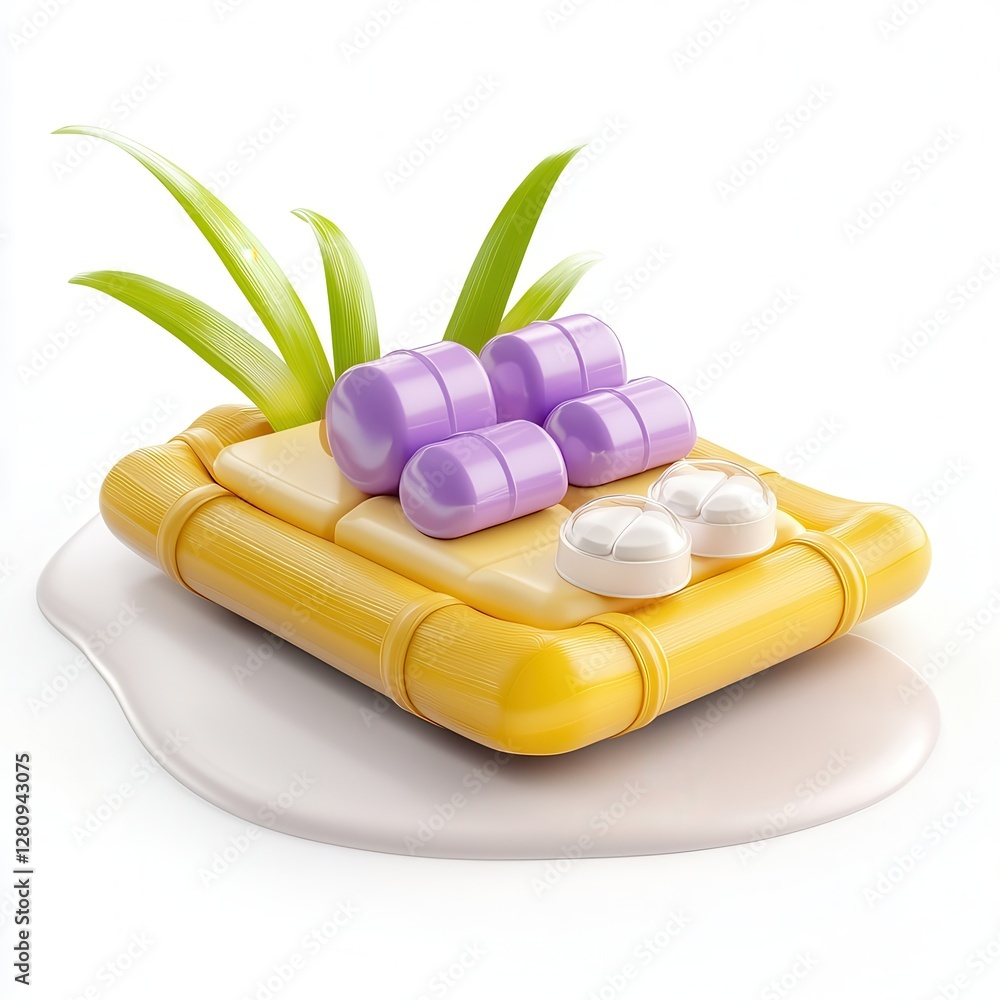 Poster a colorful 3d rendering of a floating platform with purple and white shapes on a yellow background, 