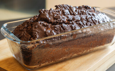 Freshly Baked Banana Chocolate Bread in a Glass Loaf Pan