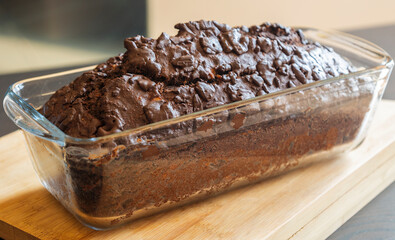 Freshly Baked Banana Chocolate Bread in a Glass Loaf Pan