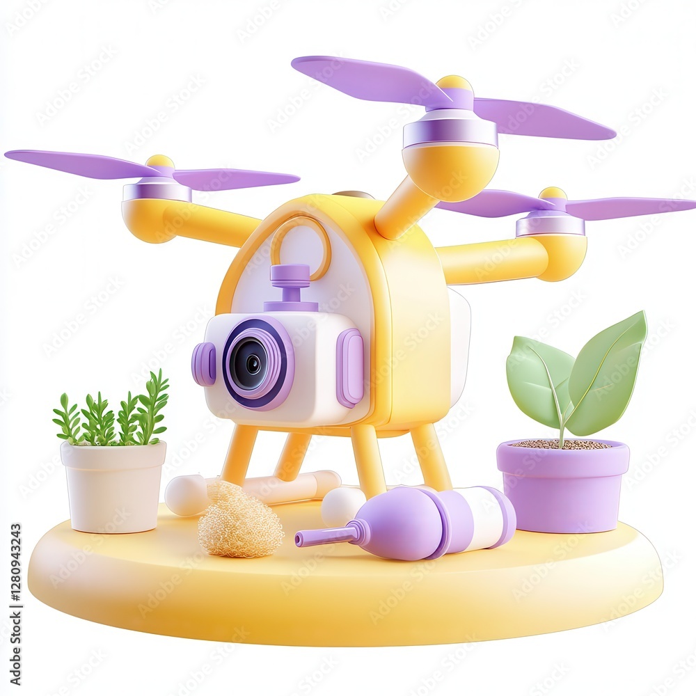Poster a colorful 3d model of a drone with a camera, surrounded by a plant, a sponge, and other objects on 