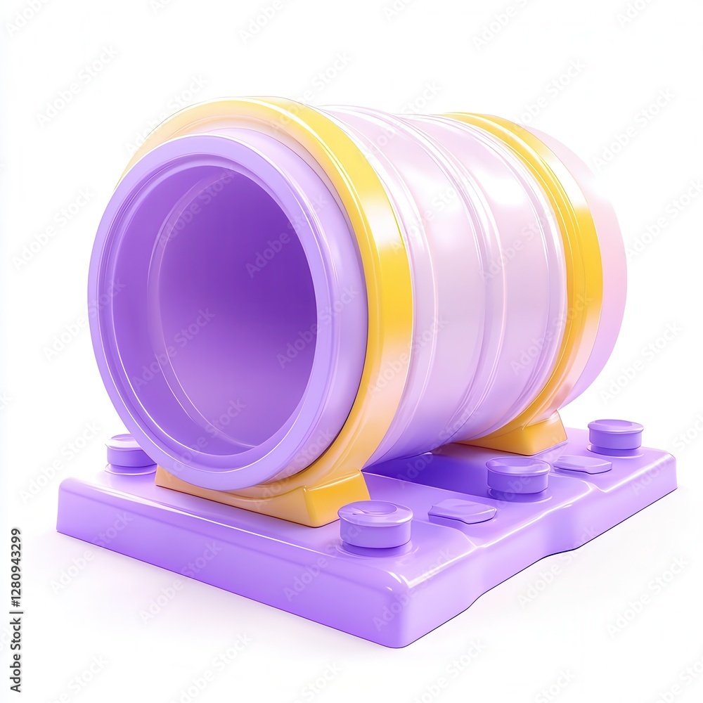 Poster a colorful 3d render of a stylized barrel-shaped container designed with a playful aesthetic and vib