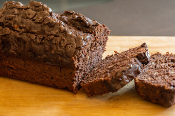 close-up of freshly sliced banana chocolate bread, showing its moist texture, rich chocolate swirls