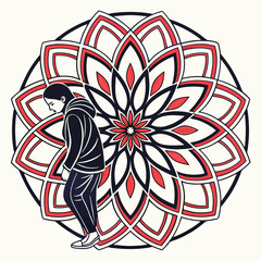 Sad Woman Silhouette in Mandala Art: Vector Illustration of Depression, Mental Health Awareness, Geometric Design, Red and Black