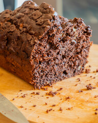 close-up of freshly sliced banana chocolate bread, showing its moist texture, rich chocolate swirls