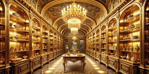 Obraz premium Luxurious gold treasure room with glittering jewels and precious artifacts displayed on velvet shelves , magnificent vaults, jewels and artifacts