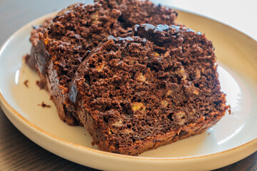 close-up of freshly sliced banana chocolate bread, showing its moist texture, rich chocolate swirls