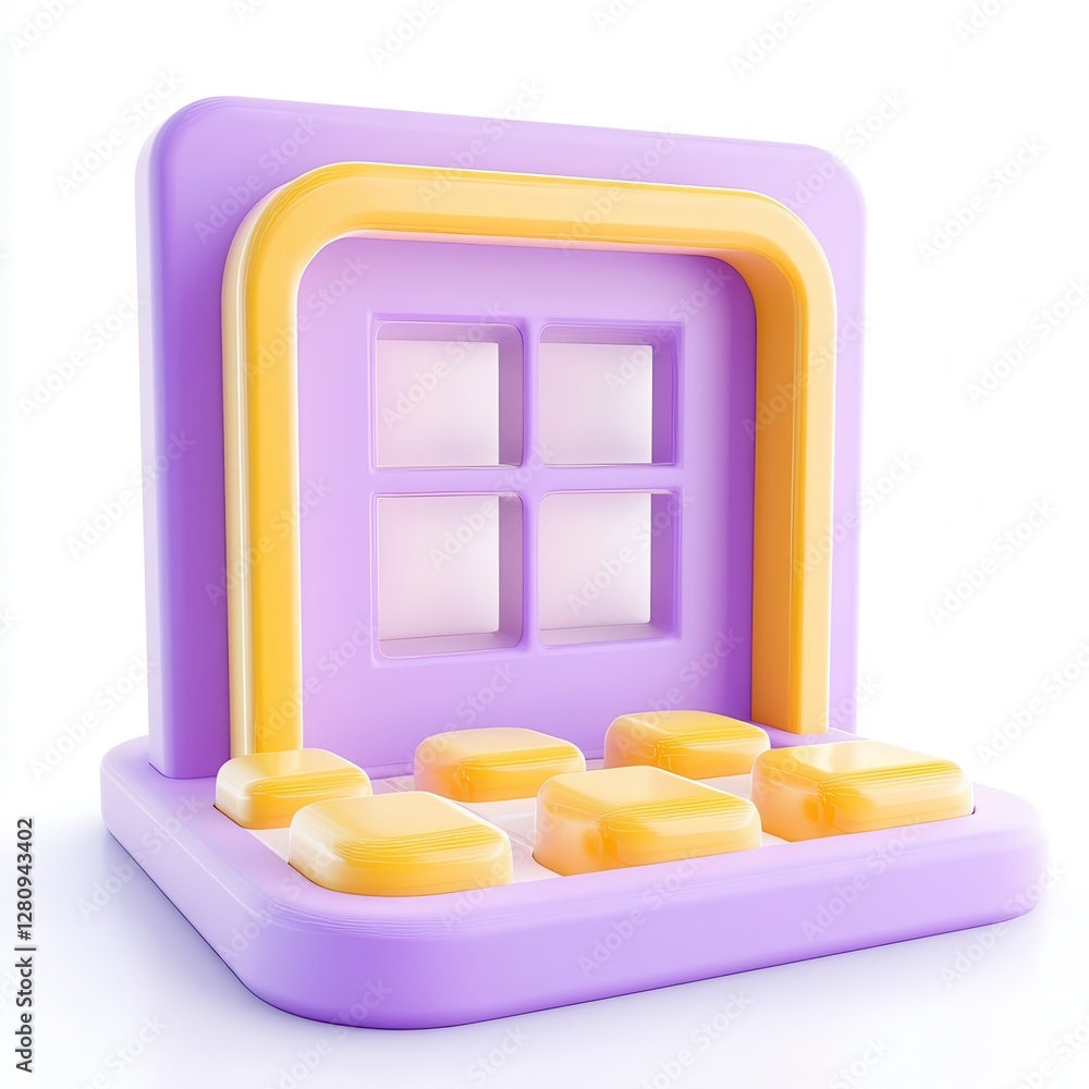 Poster a colorful 3d icon of a computer resembling a purple and yellow design with abstract shapes.
