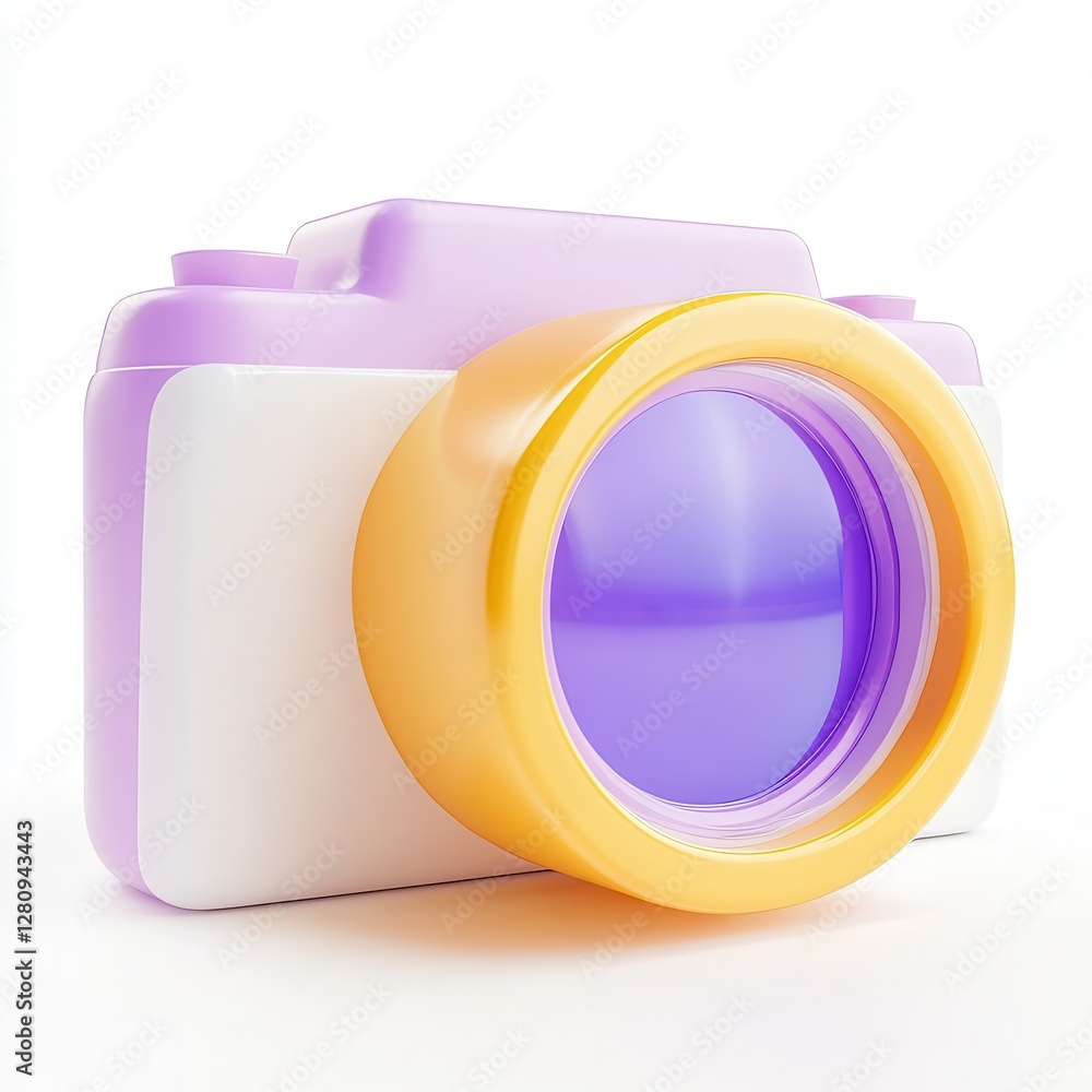 Poster a whimsical 3d rendering of a colorful camera with a yellow lens, designed in a playful style.