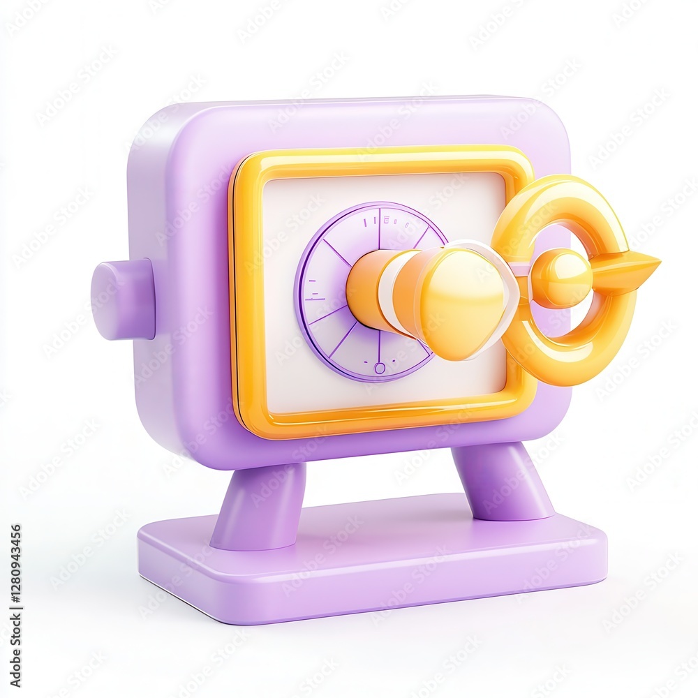 Poster a colorful 3d model of a safe with a vibrant design and a prominent dial.