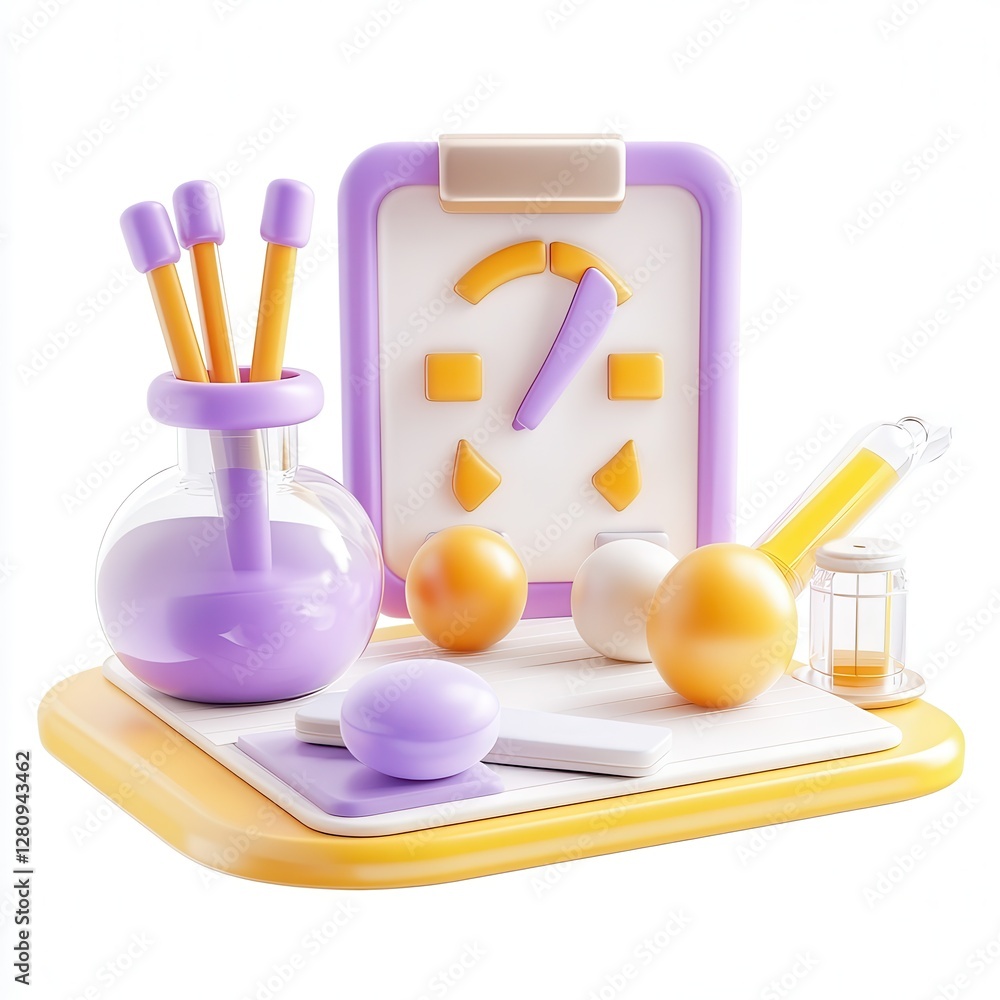 Aufkleber a colorful 3d rendering of laboratory equipment including a flask, balls, and a measuring scale on a