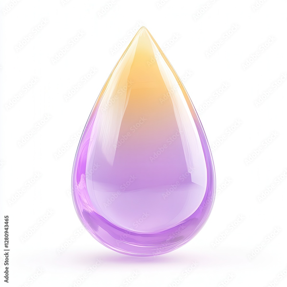Poster a smooth, reflective, teardrop-shaped object with a gradient blend of purple and yellow colors, pres