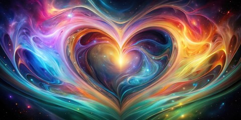 Obraz premium An abstract representation of a heart shape is composed of swirling, iridescent colors that evoke a sense of cosmic energy and celestial connection , cosmic, energy