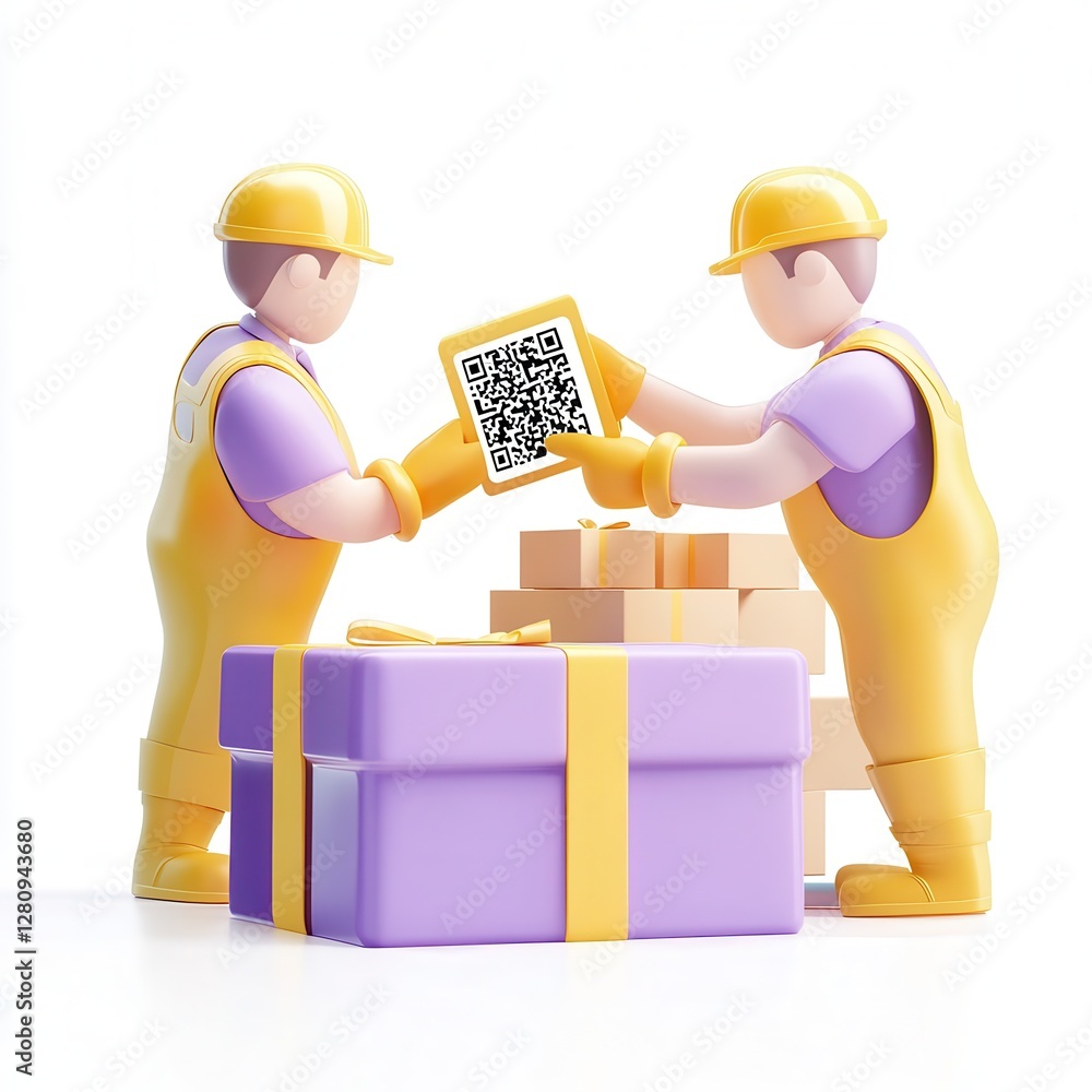 Poster two cartoon construction workers exchanging a qr code while surrounded by colorful gift boxes.