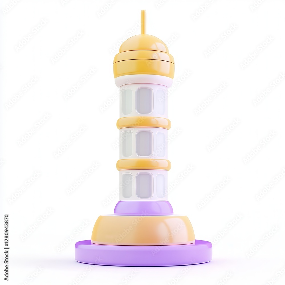 Poster a colorful 3d model of a tower with a rounded top and a purple base, featuring a playful design.