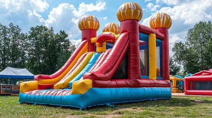 A kids' fun zone with inflatable slides at a vibrant garden party