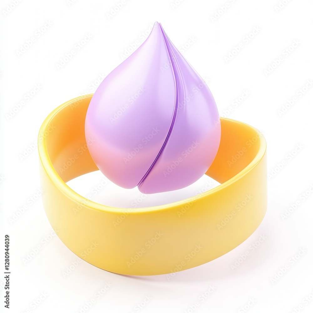 Poster a colorful 3d rendering of a purple and yellow abstract shape resembling a droplet and a circular ba
