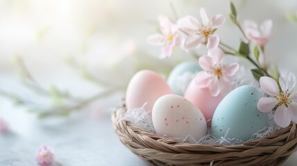 Obraz premium Close-Up View of Pastel Colored Easter Eggs in a Decorative Nest