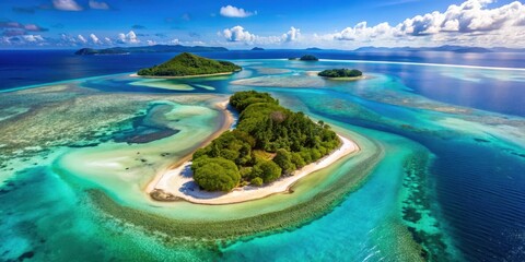 Aerial view of two tropical islands connected by a sandbar surrounded by crystal clear waters, nature reserve, sea creatures