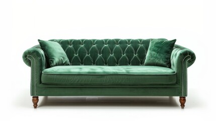 deep green velvet sofa with classic tufted design