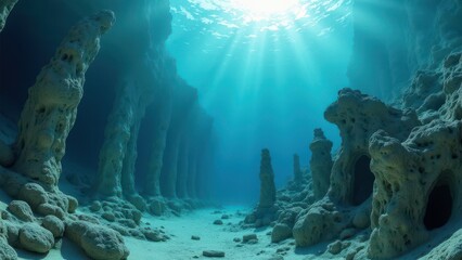 Obraz premium Underwater coral reef caves affected by bleaching with sunlight streaming in 