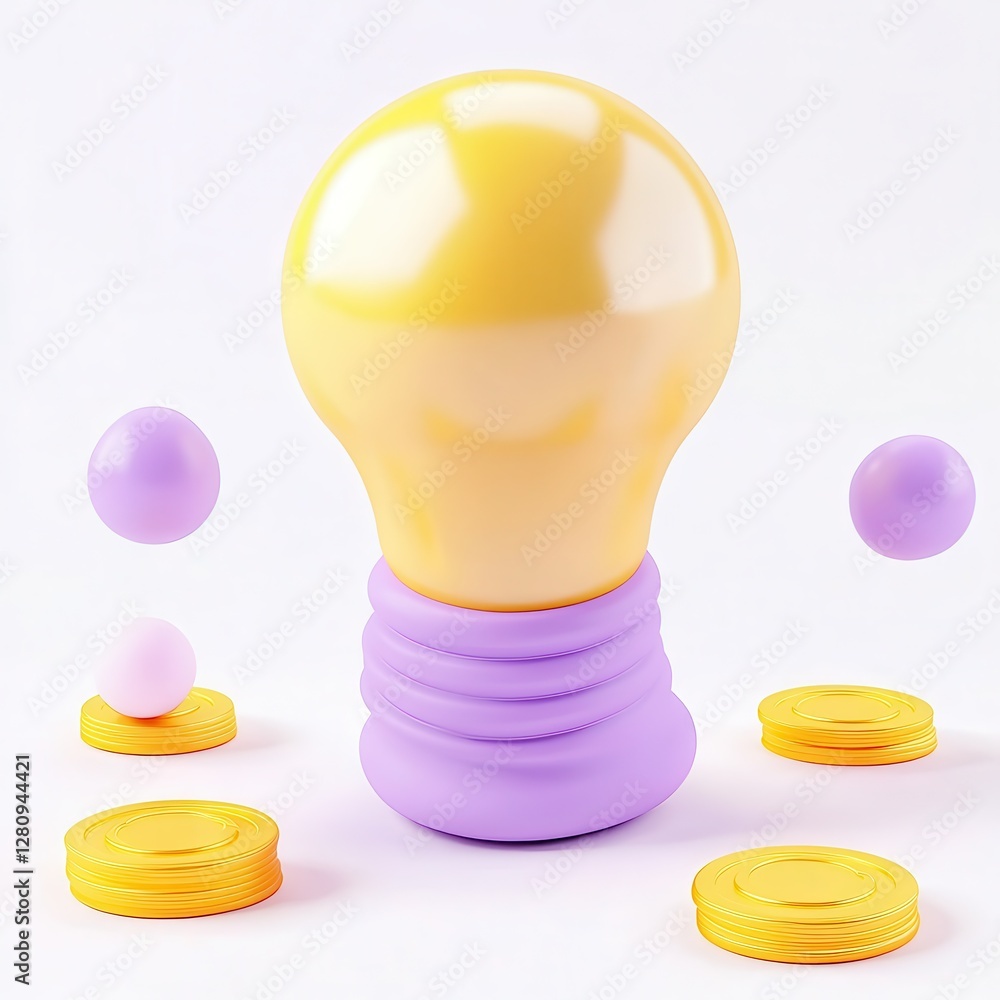 Aufkleber a 3d rendered light bulb surrounded by colorful coins and spheres, showcasing a playful design in a 