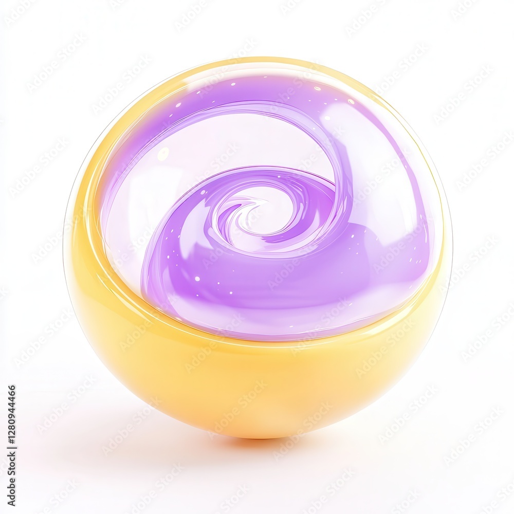 Poster a colorful 3d sphere with a swirling purplish design encapsulated within a yellow outer layer.