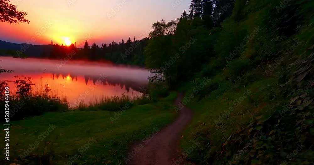 Poster sunset over a lake reflecting warm colors in a forest setting
