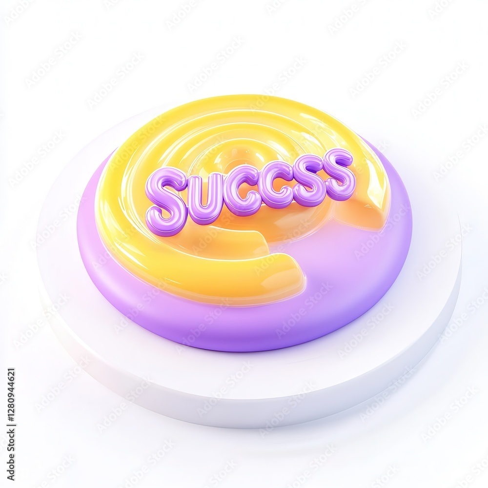 Poster a colorful 3d rendering of the word 'succss' in a glossy yellow and purple design on a circular base